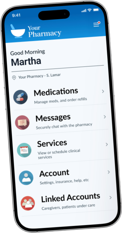 Patient portal app home screen with medications, messages, services, and account options